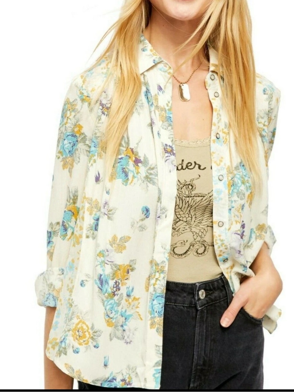 Free People Hold On To Me Floral Boho Festival Long Sleeve Blouse Medium